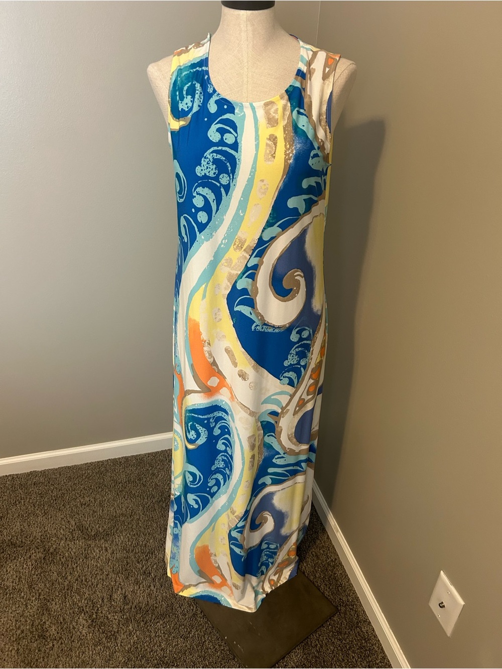 Chico's Sleeveless Swirl-Print Maxi Dress in Blue, White, Yellow